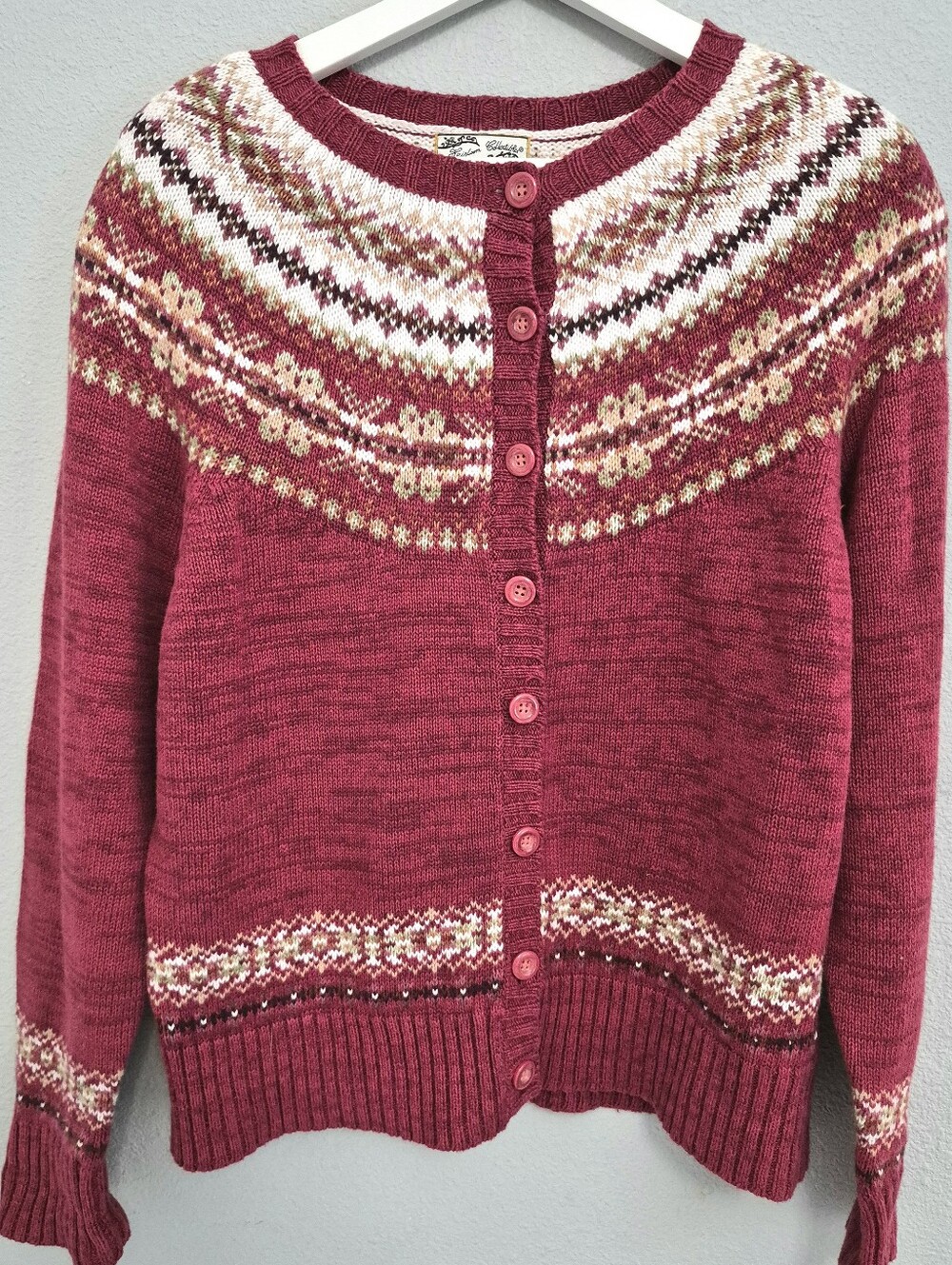 Heirloom Collectibles Red Fair Isle Button Down Cardigan Nordic Yoke Pattern M
